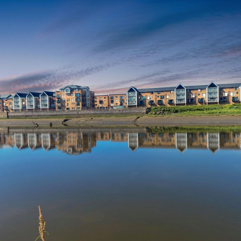 Aerial view of luxury riverside houses at Taw Wharf in Barnstaple