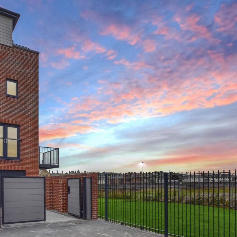 Sunset view of the new homes at Taw Wharf in Barnstaple